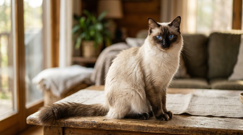 Balinese cat with elegant single coat and blue eyes