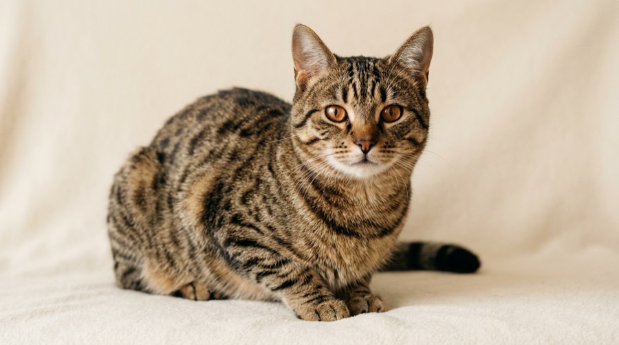 Spotted domestic tabby with solid dark spots, broken stripes, and no glitter