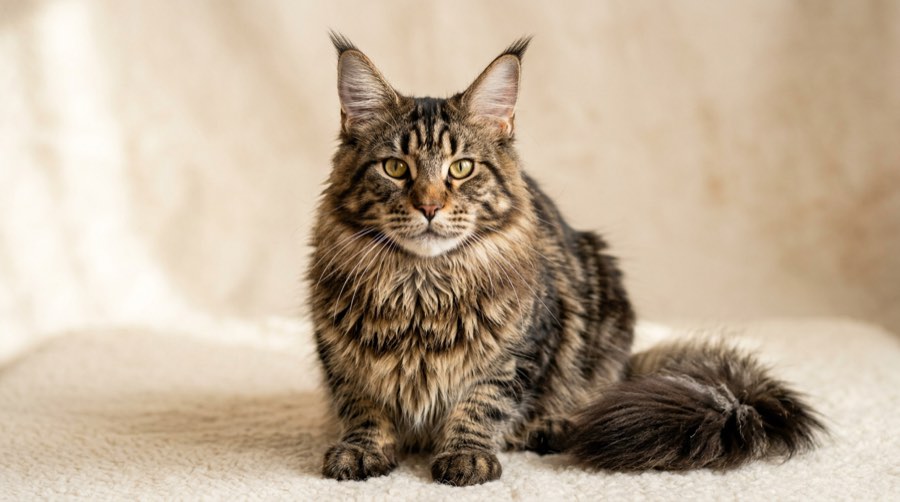 Show quality Maine Coon with a wide square muzzle, large lynx-tip ear tufts, and heavy bone