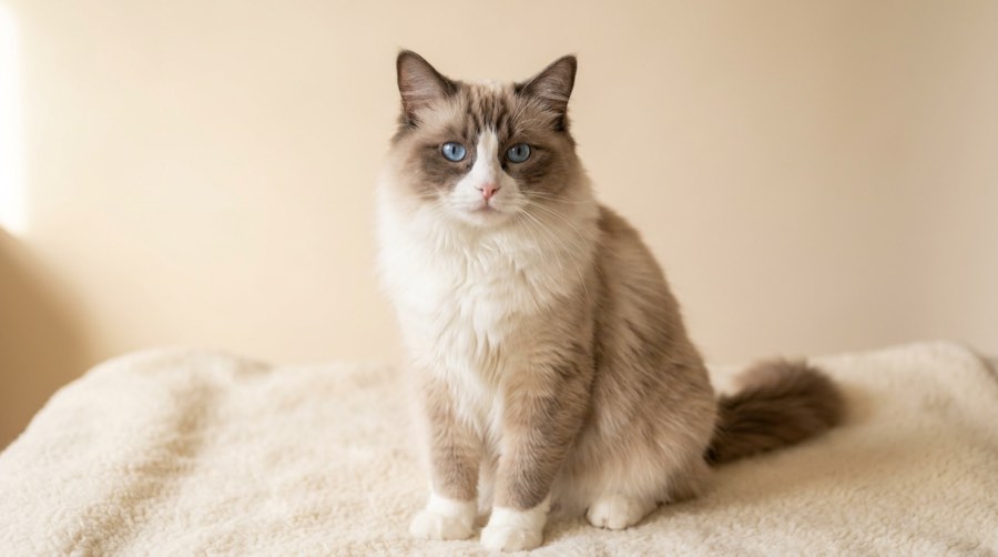 Pet quality seal mitted Ragdoll with soft blue eyes and moderate point contrast