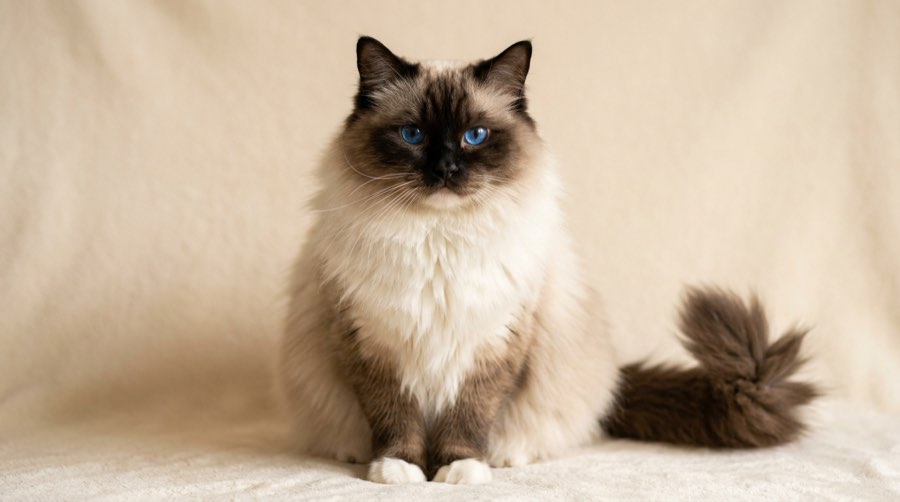 Show quality seal mitted Ragdoll with deep sapphire blue eyes, strong point contrast, and a full ruff