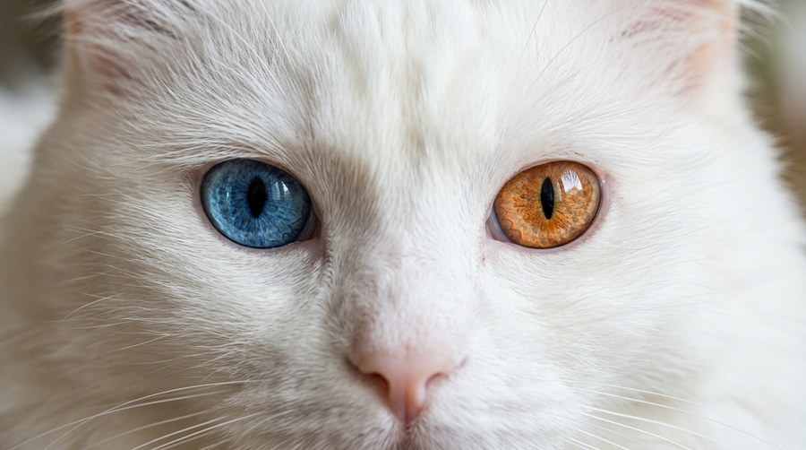 White cat with odd eyes, one blue and one copper
