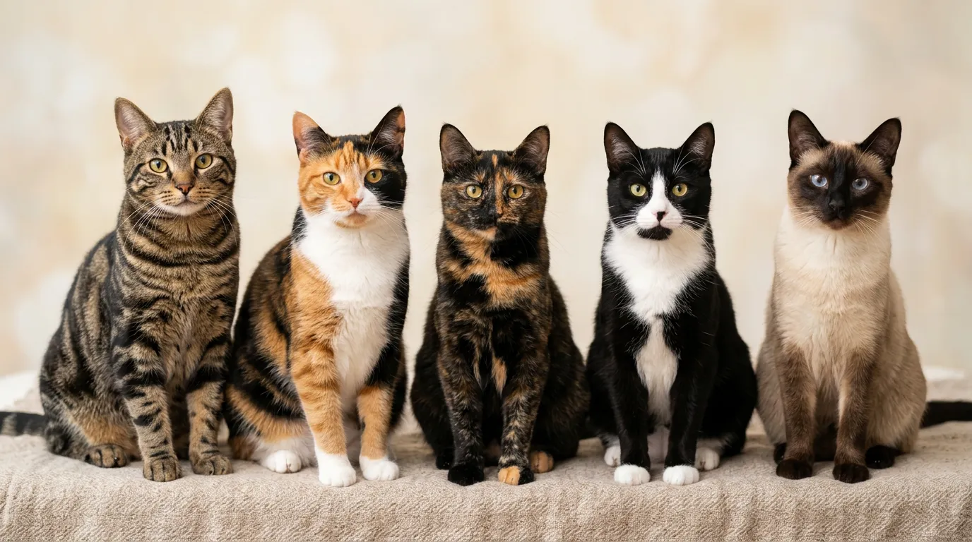 Five cats showing different coat patterns: tabby, calico, tortoiseshell, tuxedo, and colorpoint