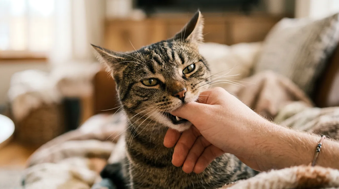 Tabby cat playfully biting a human hand